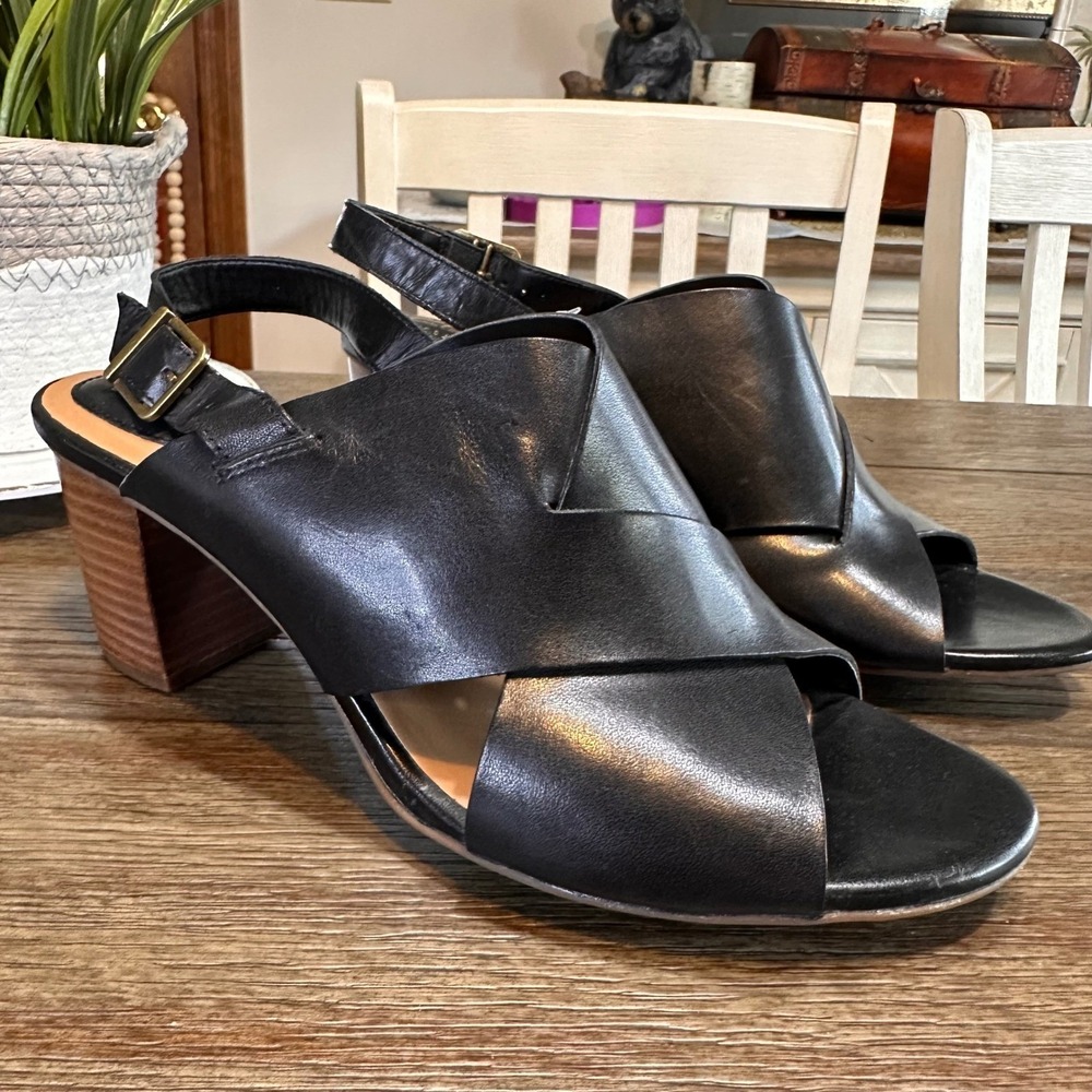 Clarks Artisan Diva Janie Black Leather Slingback Open Toe Heel Size 9.5